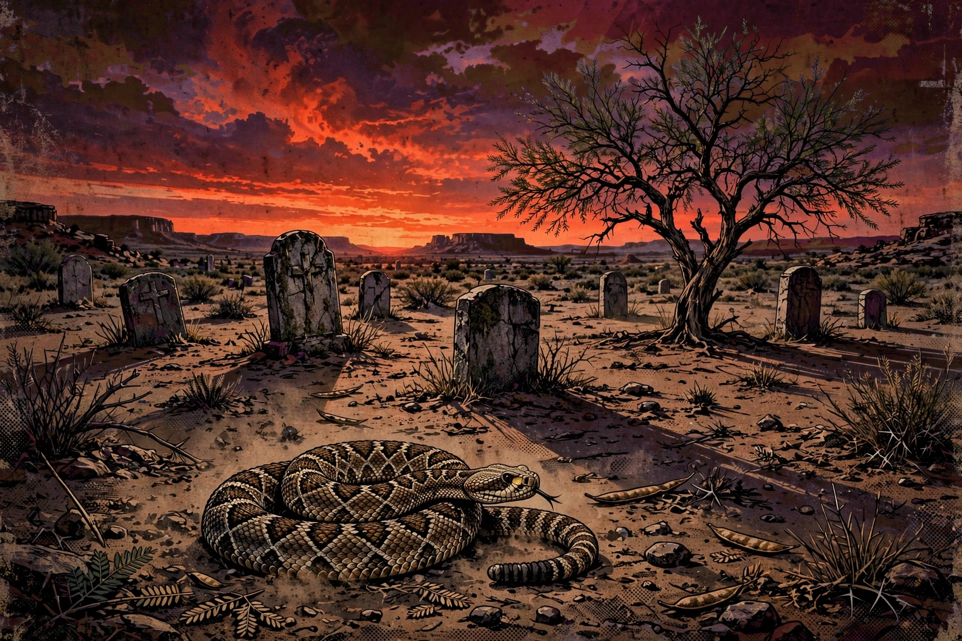 Illustration of a West Texas desert graveyard at dusk with a rattlesnake coiled in the dust
